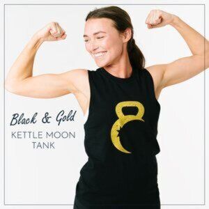 ZYIA Black Tank Top with Gold Kettlebell Design